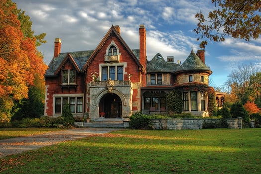 Autumnal mansion, landscaped grounds, fall foliage, luxury home, real estate photo