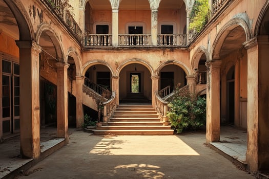 Ruined mansion courtyard, India, sunlight, decay photo