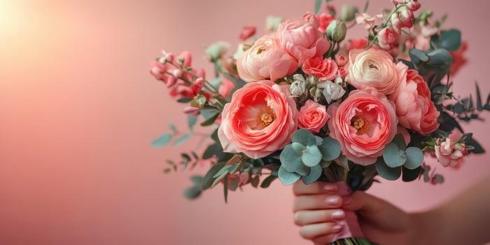 Beautiful floral bouquet featuring pink and coral roses arranged for a special occasion against a soft pastel background photo