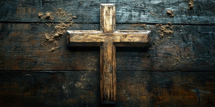 Wooden cross displayed on a rustic wooden surface with sandy texture and a serene ambiance in a dimly lit room photo