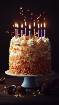 Brightly lit cake with colorful candles and decorations celebrating a special occasion at a cozy setting photo