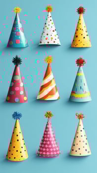 Colorful party hats arranged on a blue background for a festive celebration or event photo