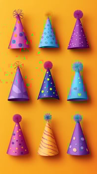 Colorful party hats arranged creatively against a bright orange background for festive celebrations and gatherings photo