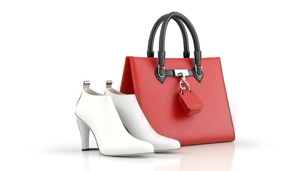 Stylish Red Handbag and White Ankle Boots Fashion Accessory Set photo