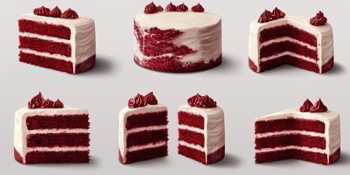 Red velvet cake displayed in different angles showcasing layers and creamy frosting at a bakery photo