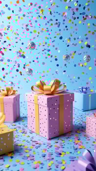 Colorful celebration with confetti and gift boxes in a vibrant setting during a festive occasion photo