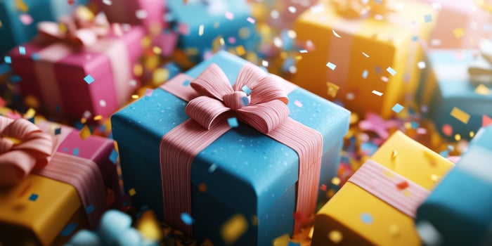 Colorful wrapped gifts surrounded by confetti celebrating a joyful occasion in a festive atmosphere photo