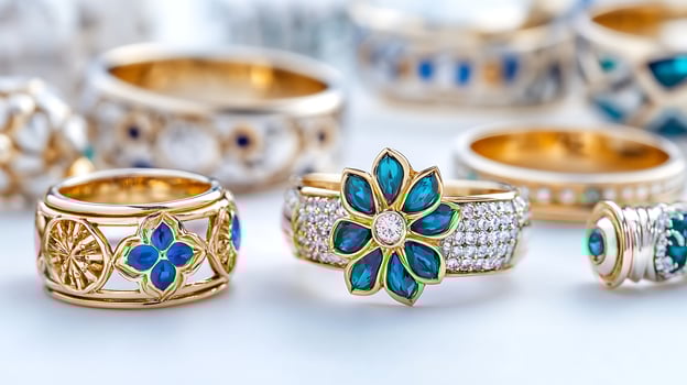 Exquisite Gold Rings with Blue and Green Gemstones Diamond Accents Close up Jewelry Photography photo