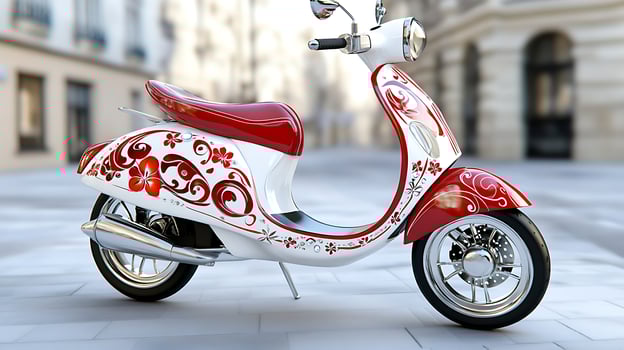 Stylish Red and White Scooter with Floral Design City Street Background photo
