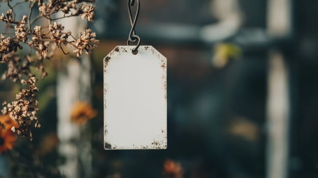 Blank Rusty Tag Hanging Among Dried Plants photo