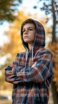 Teenage Boy in Plaid Hoodie, Autumn Pondering photo
