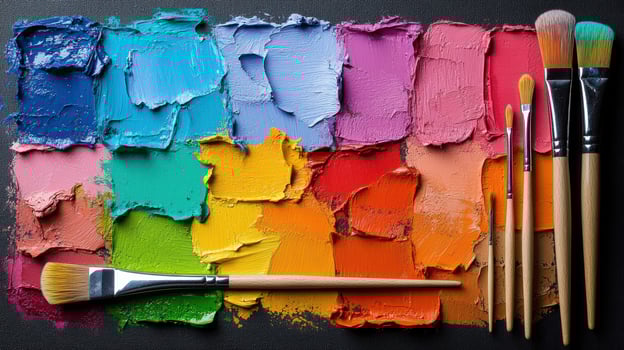 vibrant painter palette with various colors and brushes arranged artistically photo