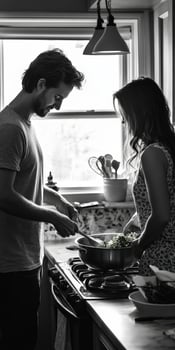 Couple cooking together in a cozy kitchen during a sunny afternoon photo