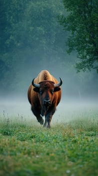 European bison walking through misty meadow at dawn photo