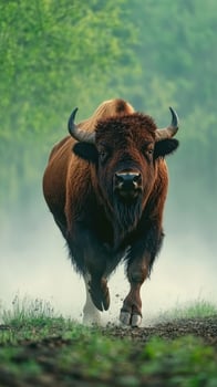 European bison running through misty forest landscape at dawn photo