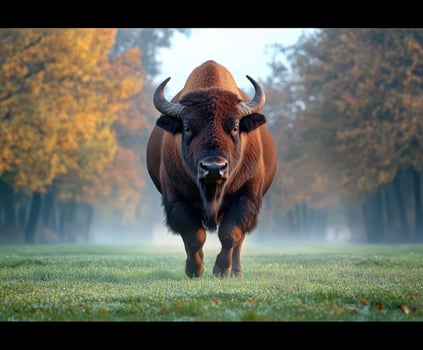 European bison walking through a misty forest in autumn photo