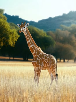 A giraffe standing in a field of tall grass photo