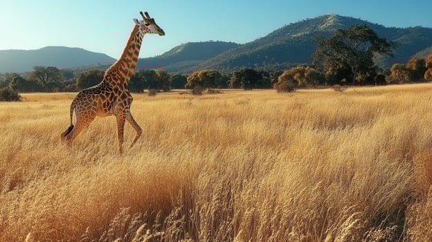 Giraffe walking through golden grassland in a sunny savanna photo
