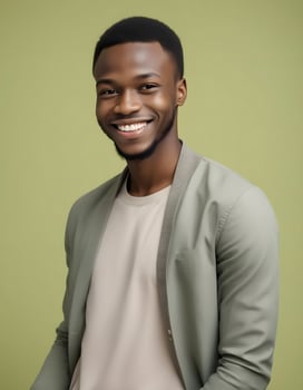 Young Nigerian man dressed in contemporary attire, smiling at the camera, set against a neutral backdrop photo