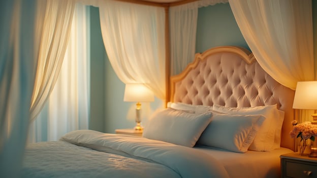Elegant bedroom with soft lighting and luxurious bedding photo
