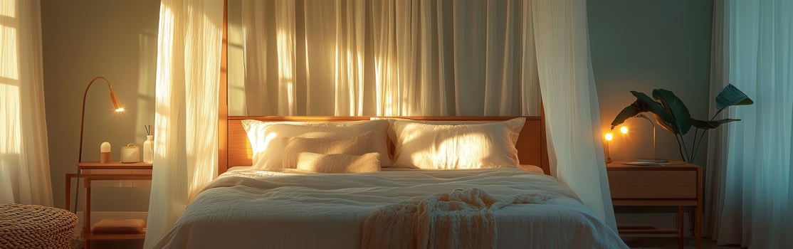 Cozy bedroom with soft lighting and natural elements at sunrise photo