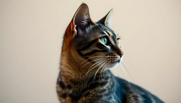Side profile of a Sokoke cat with focused expression, marbled coat, and green eyes, natural lighting photo