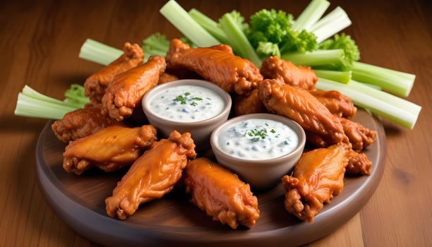Crispy buffalo wings alongside crunchy celery sticks and tangy blue cheese sauce photo