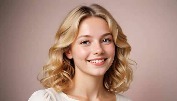 Beautiful Swedish girl with straight blonde hair and a radiant smile posed elegantly in soft light photo