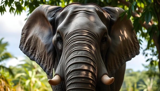Majestic Wild Elephant in a Lush Jungle, Featuring Wrinkled Skin, Long Tusks, and Expressive Eyes photo