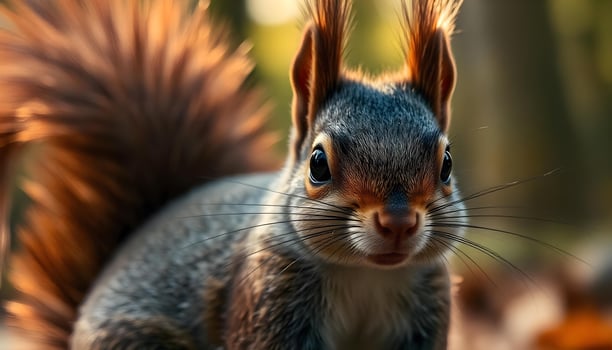 Extreme close up of a male squirrel with a bushy tail and bright eyes photo