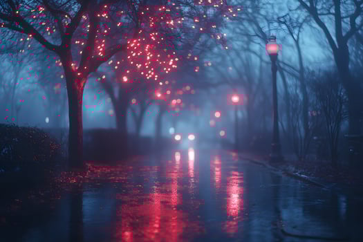 Mystical Night Walk Glowing Red Lights on a Foggy City Street for Winter Design photo