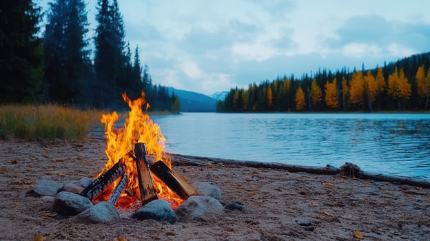 Campfire Burning Bright on Sandy Lake Shore Autumn Landscape photo