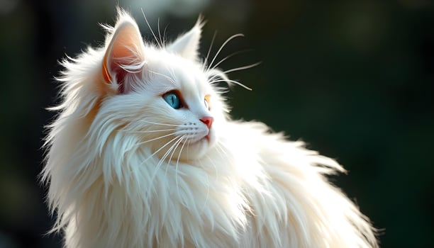 Elegant Turkish Angora with bright blue eyes and flowing white fur, soft bokeh background photo