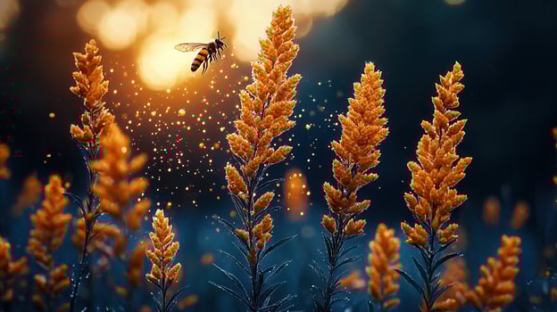 Golden Hour Bee Flight Magical Sunset Dew Kissed Flowers Pollination Scene photo