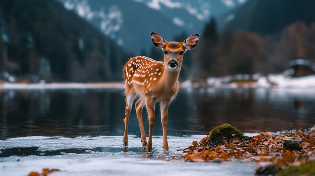 Adorable Spotted Fawn by Frozen Lake in Winter Mountain Landscape photo
