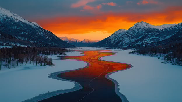 Stunning Winter Sunset over Frozen River Dramatic Mountain Landscape photo