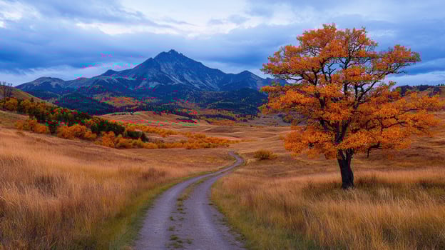 Scenic Autumn Landscape Majestic Mountain Dirt Road and Vibrant Fall Foliage photo