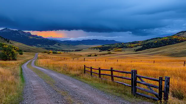 Scenic Autumn Country Road Gravel Path Wooden Fence Mountain Valley Landscape photo