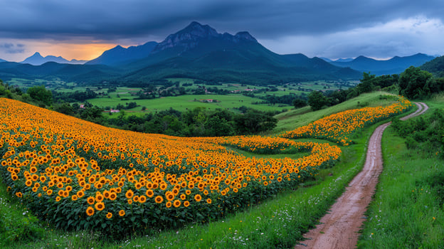 Scenic Sunflower Field Rolling Hills Landscape with Mountain View and Dirt Road photo