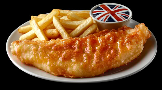 Discover a quintessential British culinary experience with this image showcasing golden, crispy fish and chips Indulge in the perfectly fried cod, accompanied by thick-cut, fluffy chips, a classic photo