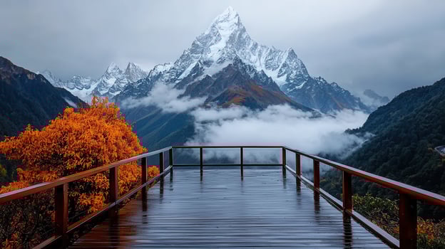 Majestic Mountain Vista Autumnal View from a Wet Wooden Deck photo