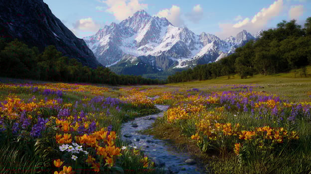 Serene Mountain Meadow Landscape Wildflowers Stream and Majestic Snow Capped Peaks photo