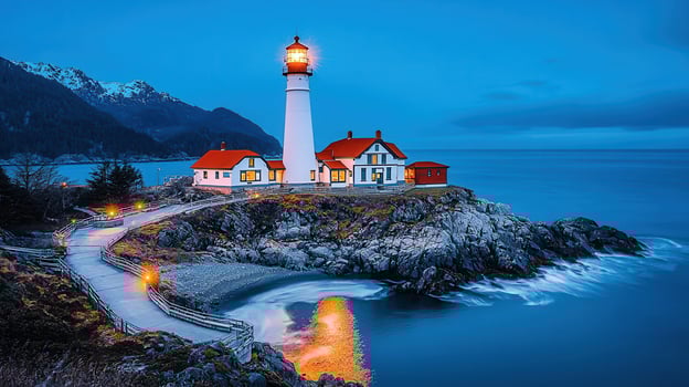 Serene Coastal Lighthouse at Dusk Dramatic Ocean Waves Rocky Coastline and Mountain Views photo