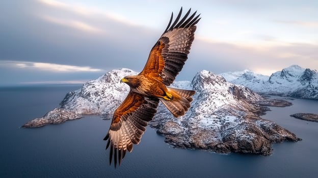 Majestic Eagle Soaring Over Snow Covered Mountains and Ocean photo