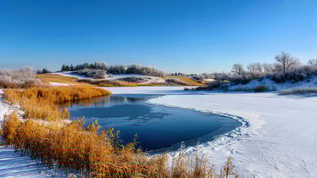 Serene Winter Landscape Frozen Lake Snow Covered Hills and Golden Reeds photo