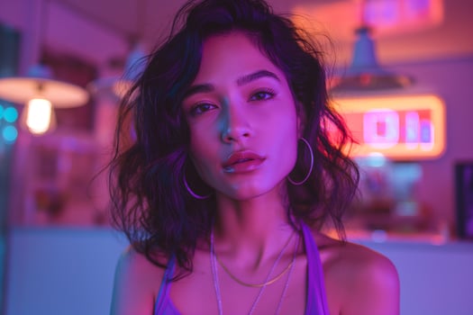 A young woman with dark, wavy hair poses contemplatively in vibrant neon lighting, capturing a captivating, moody atmosphere. photo