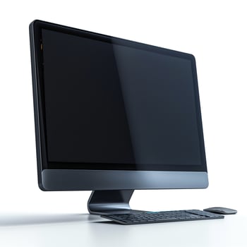 Sleek modern desktop computer setup featuring a large monitor, minimalist design, and compact keyboard and mouse. photo