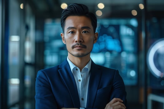 Confident Asian man in a suit standing with arms crossed against a modern office backdrop. photo