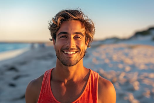 A smiling young Caucasian man in a vibrant orange tank top enjoys a beach sunset, radiating positivity and joy. photo