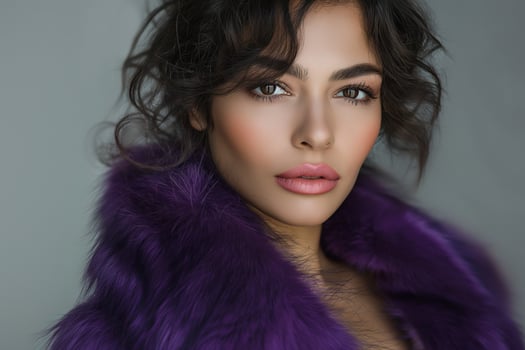 A stunning young woman with wavy dark hair and a natural makeup look, wearing a striking purple fur coat. photo